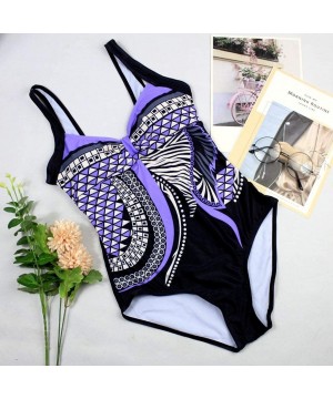 Women Vintage Tribal Print One Piece Swimsuit Padded Swimwear Push Up Bathing Suit Monokini - Purple - CI18M0Q5RXN $36.63-One...