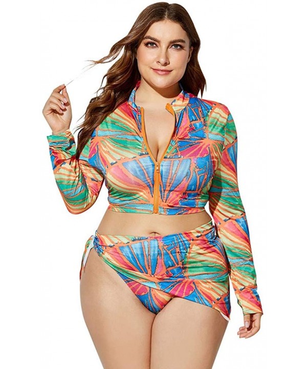 3 Piece Swimsuit for Women Plus Size 2020 Summer High Waist Print Split Long Sleeve Beach Bathing Suit Multi Color - CP195TQD...