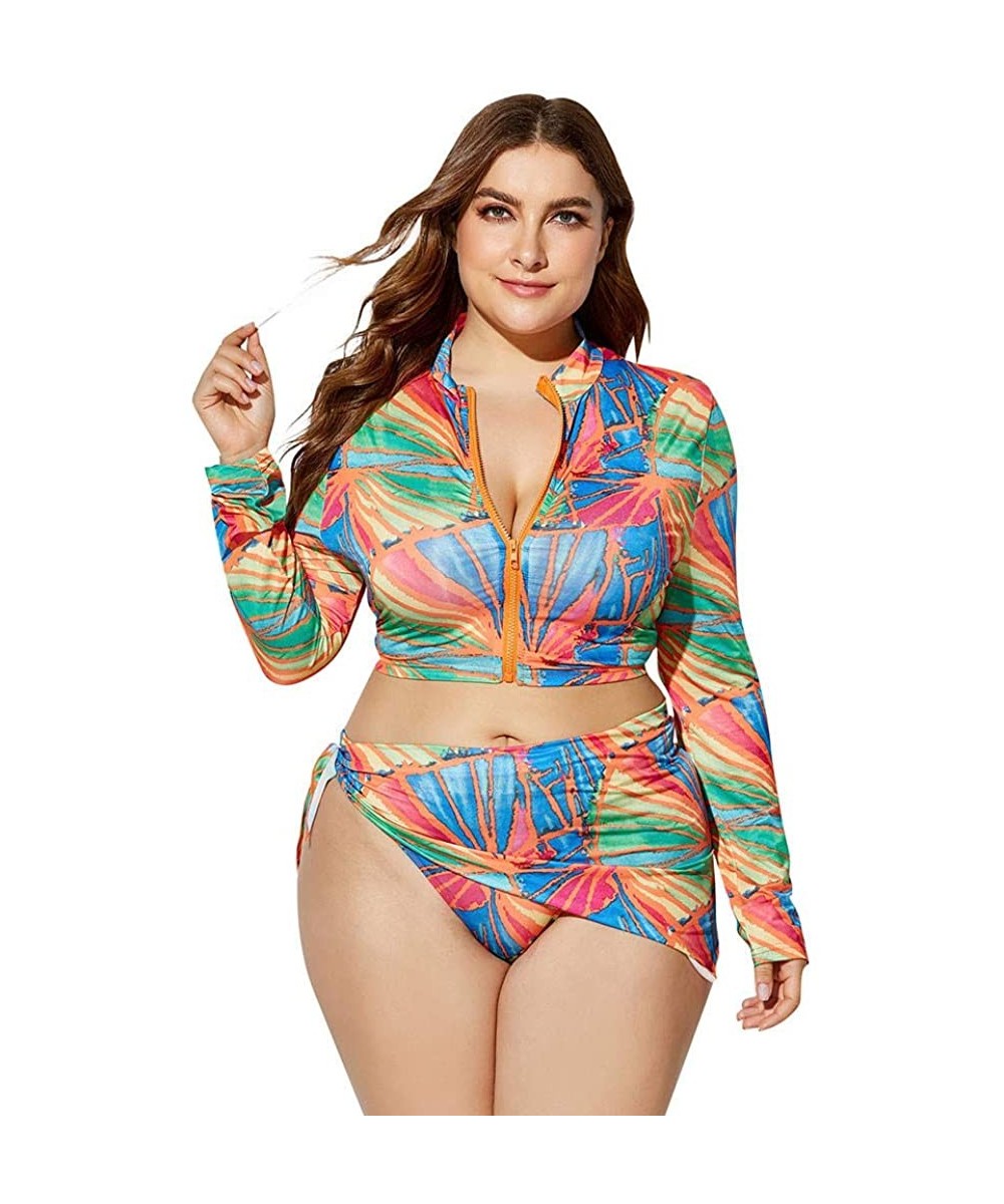 3 Piece Swimsuit for Women Plus Size 2020 Summer High Waist Print Split Long Sleeve Beach Bathing Suit Multi Color - CP195TQD...