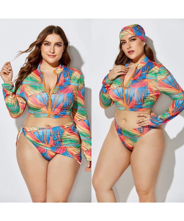 3 Piece Swimsuit for Women Plus Size 2020 Summer High Waist Print Split Long Sleeve Beach Bathing Suit Multi Color - CP195TQD...