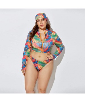 3 Piece Swimsuit for Women Plus Size 2020 Summer High Waist Print Split Long Sleeve Beach Bathing Suit Multi Color - CP195TQD...