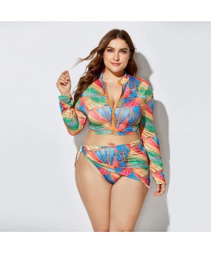 3 Piece Swimsuit for Women Plus Size 2020 Summer High Waist Print Split Long Sleeve Beach Bathing Suit Multi Color - CP195TQD...