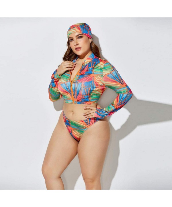 3 Piece Swimsuit for Women Plus Size 2020 Summer High Waist Print Split Long Sleeve Beach Bathing Suit Multi Color - CP195TQD...