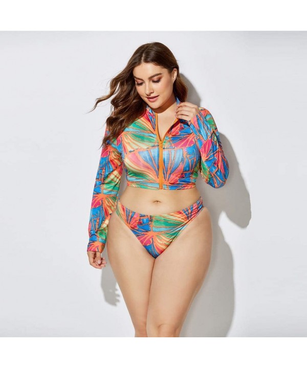 3 Piece Swimsuit for Women Plus Size 2020 Summer High Waist Print Split Long Sleeve Beach Bathing Suit Multi Color - CP195TQD...