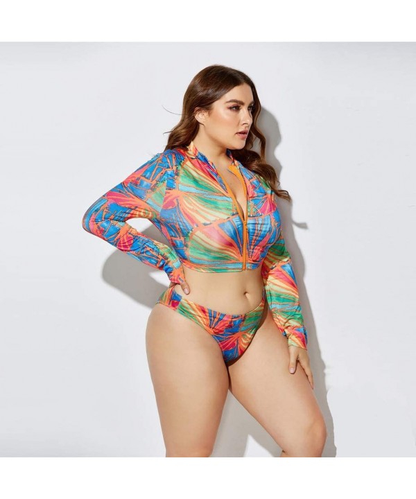 3 Piece Swimsuit for Women Plus Size 2020 Summer High Waist Print Split Long Sleeve Beach Bathing Suit Multi Color - CP195TQD...