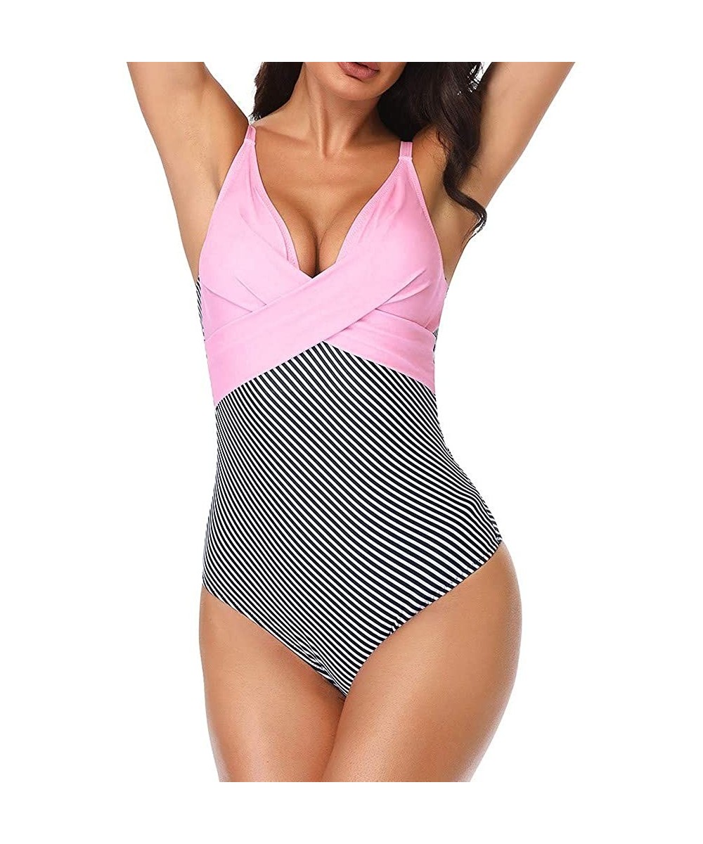 Women's One Piece Bathing Suit Monokini Front Cross Tummy Control Swimsuits Slimming Vintage Printed Swimwear Pink - C6193W7Y...