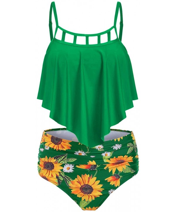 Women's Swimsuits Tankini Tummy Control Ruffled Overlay Top High Waisted Sunflower Print Bikini 2 Pieces - Green - CI18TMNHL9...