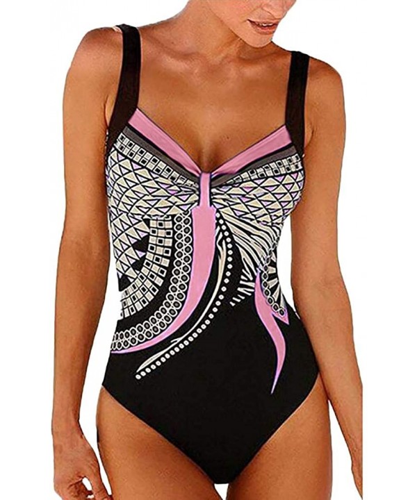 Women One Piece Retro Swimsuit Ruched V-Neck Tummy Control Swimwear Printed Bathing Suits - Pink - CT1922ZRGTS $12.54-Tankinis