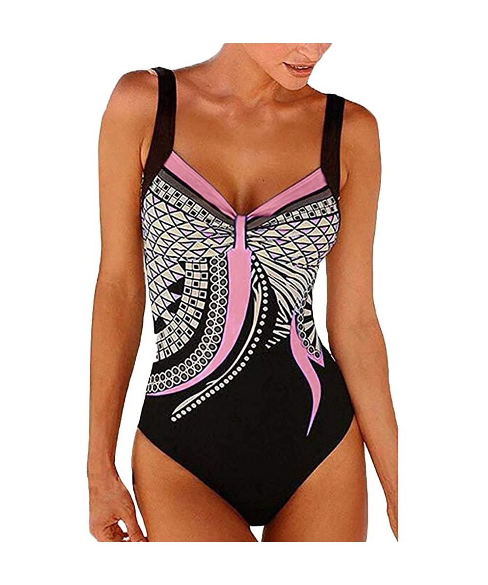 Women One Piece Retro Swimsuit Ruched V-Neck Tummy Control Swimwear Printed Bathing Suits - Pink - CT1922ZRGTS $12.54-Tankinis