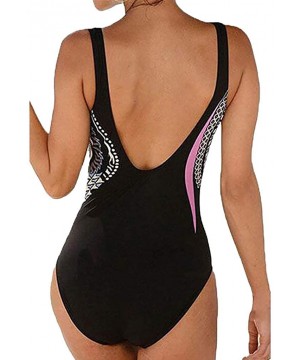 Women One Piece Retro Swimsuit Ruched V-Neck Tummy Control Swimwear Printed Bathing Suits - Pink - CT1922ZRGTS $12.54-Tankinis