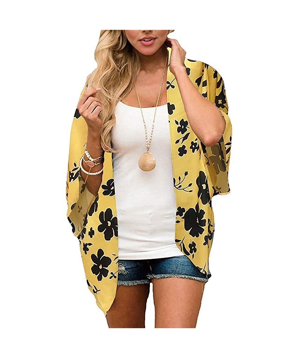 Womens Kimono Beach Cover Up Chiffon Cardigan Floral Tops Loose Capes - Yellow - CQ19C4RWN42 $11.19-Cover-Ups