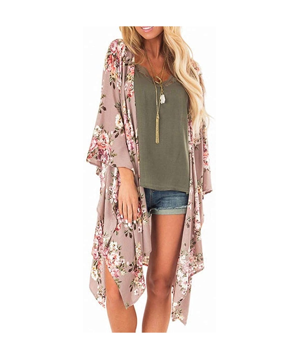 Fashion Chiffon Shawl Print Kimono Cardigan Top Cover Up Blouse Beachwear Women - Floral Print Cardigan Khaki - CD18UUA49U4 $...