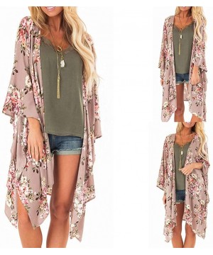 Fashion Chiffon Shawl Print Kimono Cardigan Top Cover Up Blouse Beachwear Women - Floral Print Cardigan Khaki - CD18UUA49U4 $...