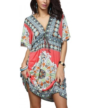 Womens Sexy Boho Low-Cut V-Neck Summer Floral Tunic Beach Midi Dress - Red - CJ12FSQ5P11 $10.34-Rash Guards