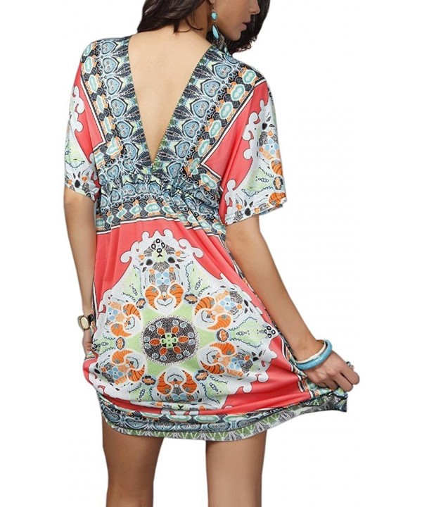 Womens Sexy Boho Low-Cut V-Neck Summer Floral Tunic Beach Midi Dress - Red - CJ12FSQ5P11 $10.34-Rash Guards