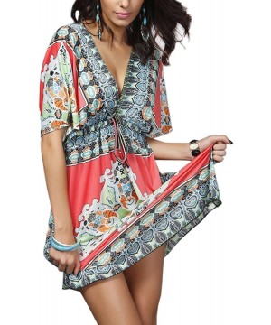 Womens Sexy Boho Low-Cut V-Neck Summer Floral Tunic Beach Midi Dress - Red - CJ12FSQ5P11 $10.34-Rash Guards