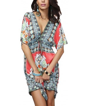 Womens Sexy Boho Low-Cut V-Neck Summer Floral Tunic Beach Midi Dress - Red - CJ12FSQ5P11 $10.34-Rash Guards