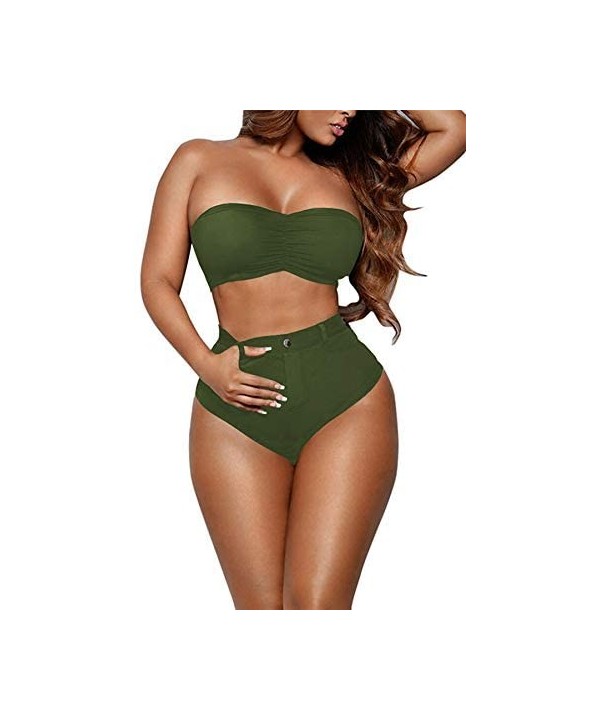 Women's Removable Strap High Cut Cheeky High Waisted Bikini Set Swimsuit - Army Green - CW18DC8XEN8 $15.06-Sets