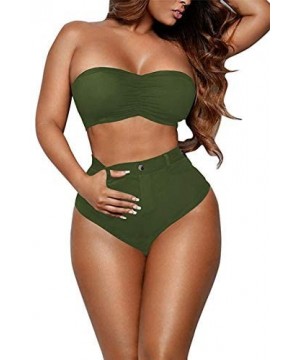 Women's Removable Strap High Cut Cheeky High Waisted Bikini Set Swimsuit - Army Green - CW18DC8XEN8 $15.06-Sets