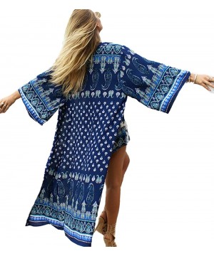 Women's Flowy Chiffon Rayon Boho Kimono Cardigans Beach Swimsuit Bathing Suits Swimwear Cover Ups Navy Peacock Pattern - C519...