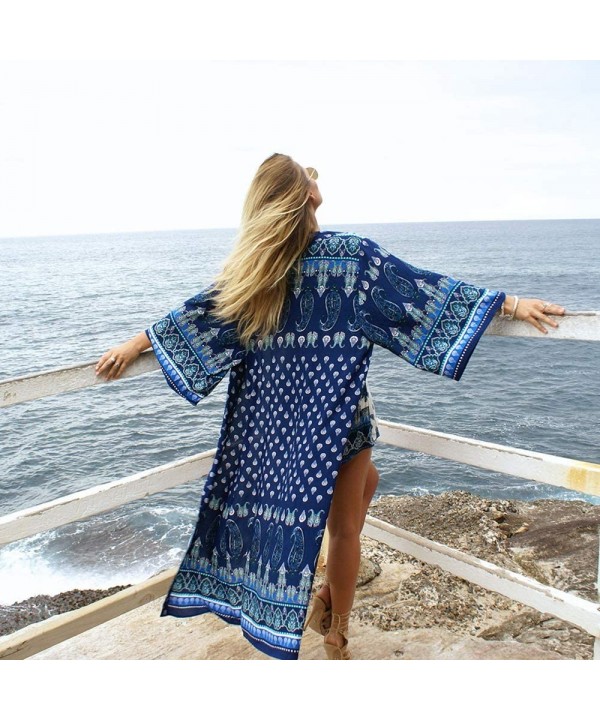 Women's Flowy Chiffon Rayon Boho Kimono Cardigans Beach Swimsuit Bathing Suits Swimwear Cover Ups Navy Peacock Pattern - C519...