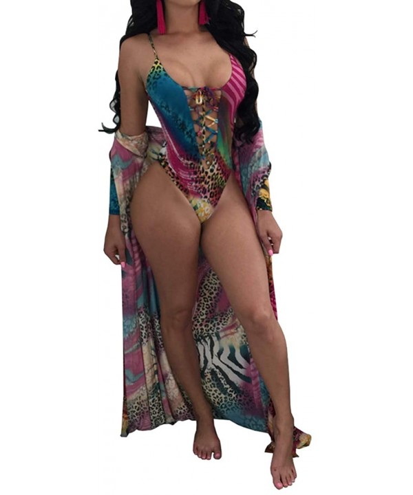 Women's Sexy Multicolor Bandage Shawl Swimwear Sets Boho Floral Beach Printed Bikini Bathing Suits with Cover Ups - Leopard -...