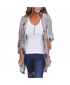 Women Chiffon Loose Shawl Print Kimono Cardigan Top Cover Up Blouse Beachwear- Printed Kimono Cardigan Beach Blouse - Gray - ...