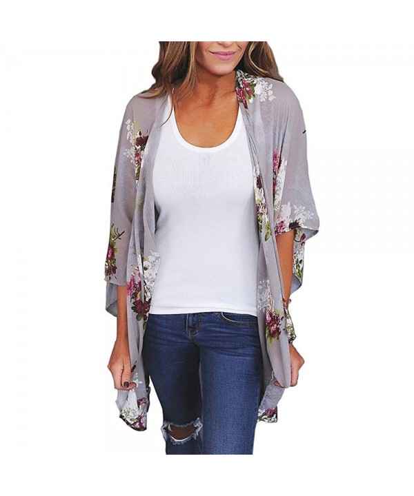 Women Chiffon Loose Shawl Print Kimono Cardigan Top Cover Up Blouse Beachwear- Printed Kimono Cardigan Beach Blouse - Gray - ...