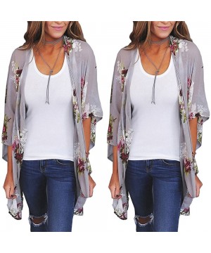 Women Chiffon Loose Shawl Print Kimono Cardigan Top Cover Up Blouse Beachwear- Printed Kimono Cardigan Beach Blouse - Gray - ...