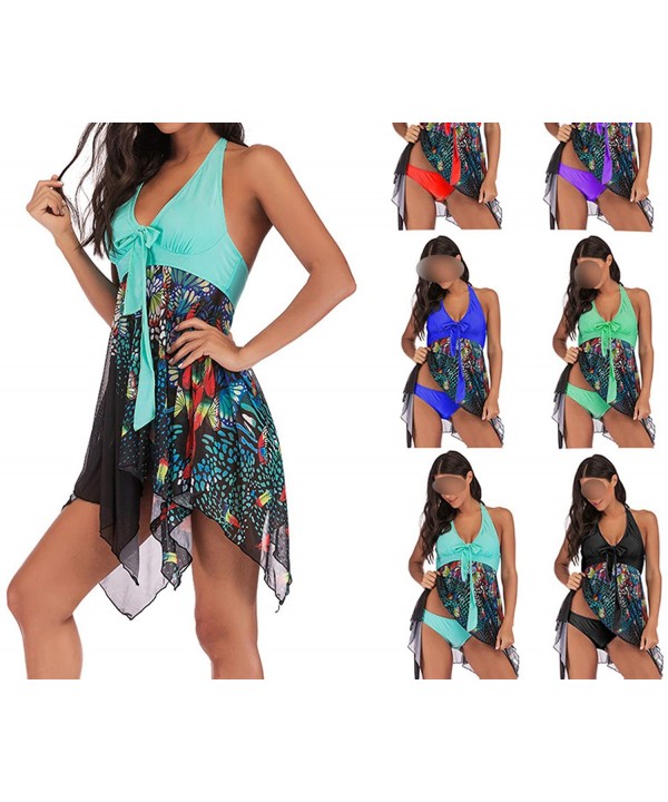 2019 New Women Swimwear Two Piece Print Halter Swimsuit Swimming Dress Bathing Suit - Light Green B - CJ18UU4ZWIM $33.11-Racing