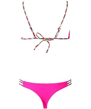 Women Printing Lace Up Bandeau Bandage Bikini Set Push-Up Swimwear Straps Swimsuit - Hot Pink - CU195WT9QUG $14.05-Sets