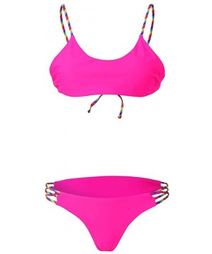 Women Printing Lace Up Bandeau Bandage Bikini Set Push-Up Swimwear Straps Swimsuit - Hot Pink - CU195WT9QUG $14.05-Sets