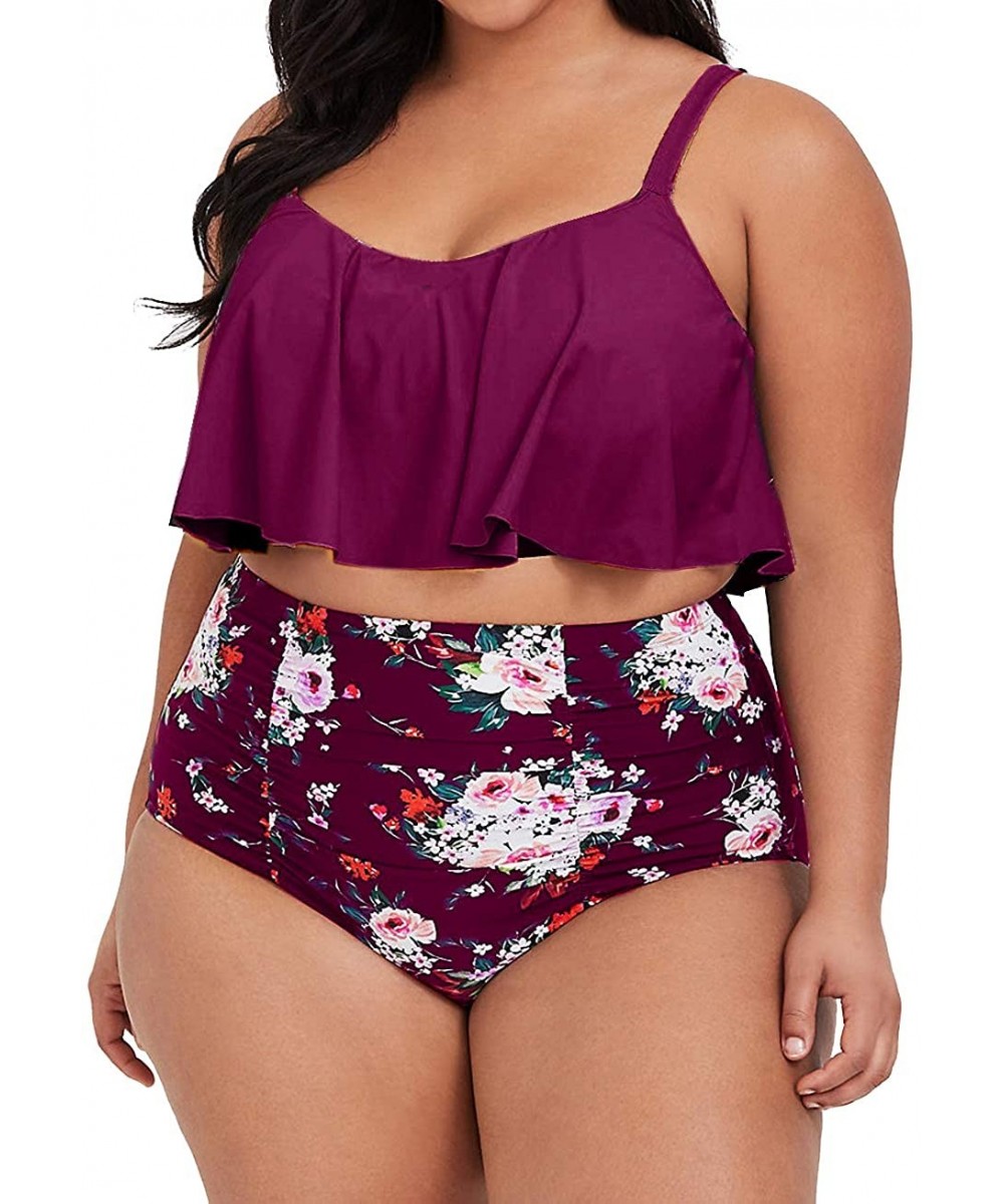 Womens Plus Size High Waisted Swimsuit Floral Bikini Ruffle Flounce Two Piece Swimwear Monokini - B-rose Red - CZ18R72I254 $2...