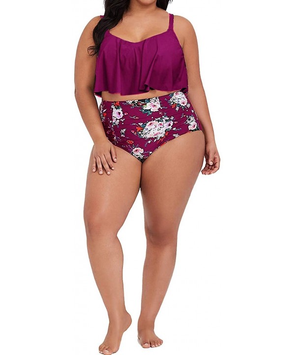 Womens Plus Size High Waisted Swimsuit Floral Bikini Ruffle Flounce Two Piece Swimwear Monokini - B-rose Red - CZ18R72I254 $2...