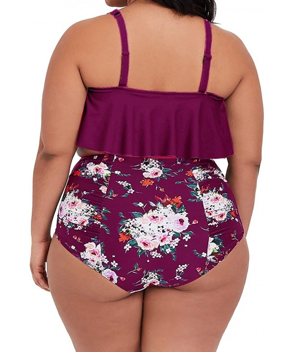 Womens Plus Size High Waisted Swimsuit Floral Bikini Ruffle Flounce Two Piece Swimwear Monokini - B-rose Red - CZ18R72I254 $2...