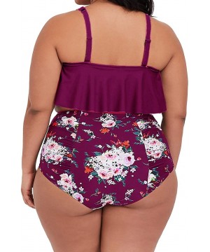 Womens Plus Size High Waisted Swimsuit Floral Bikini Ruffle Flounce Two Piece Swimwear Monokini - B-rose Red - CZ18R72I254 $2...