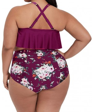 Womens Plus Size High Waisted Swimsuit Floral Bikini Ruffle Flounce Two Piece Swimwear Monokini - B-rose Red - CZ18R72I254 $2...