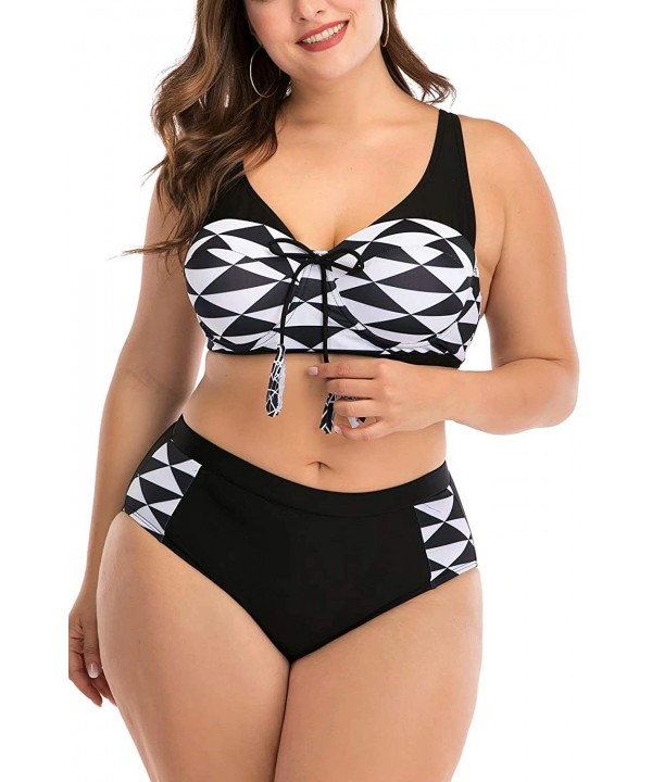 Women's Plus Size Chic Two Pieces/One Piece Swimsuit Cute Modest Bathing Suit - Black White Geometrical - CJ19468TK6K $24.53-...