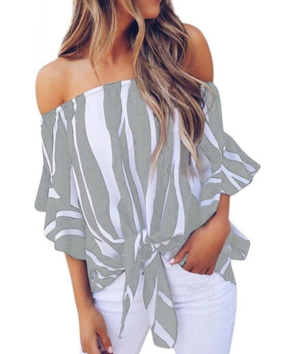 Off Shoulder Blouses for Womens- Floral Stripe Bell Sleeve Baggy Tie Knot Tops Casual Shirts - 4 Gray - C518SHK4OWN $12.09-Ta...