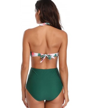 Womens One Piece V Neck High Waist Swimsuit Sexy Halter Plus Size Swimwear - Green Print - CH18S62C9ZT $19.75-One-Pieces