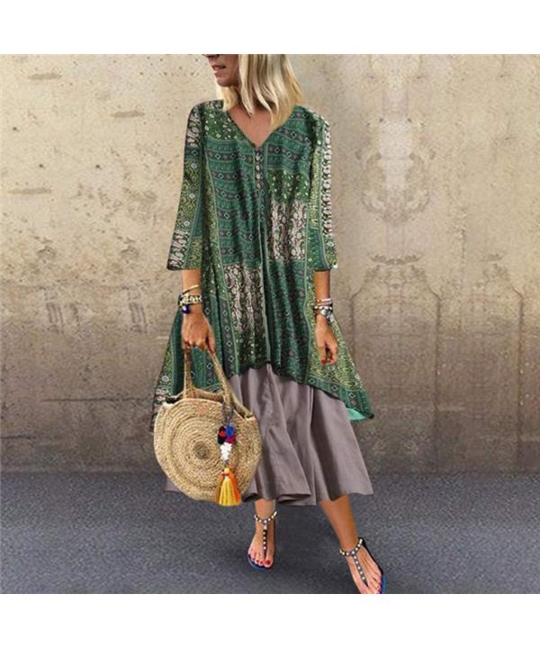 Long Dresses for Women Vintage Floral Print Maxi Dress Boho Loose Autumn Plus Size Dress Short Sleeve Dresses Z2 green - CO19...