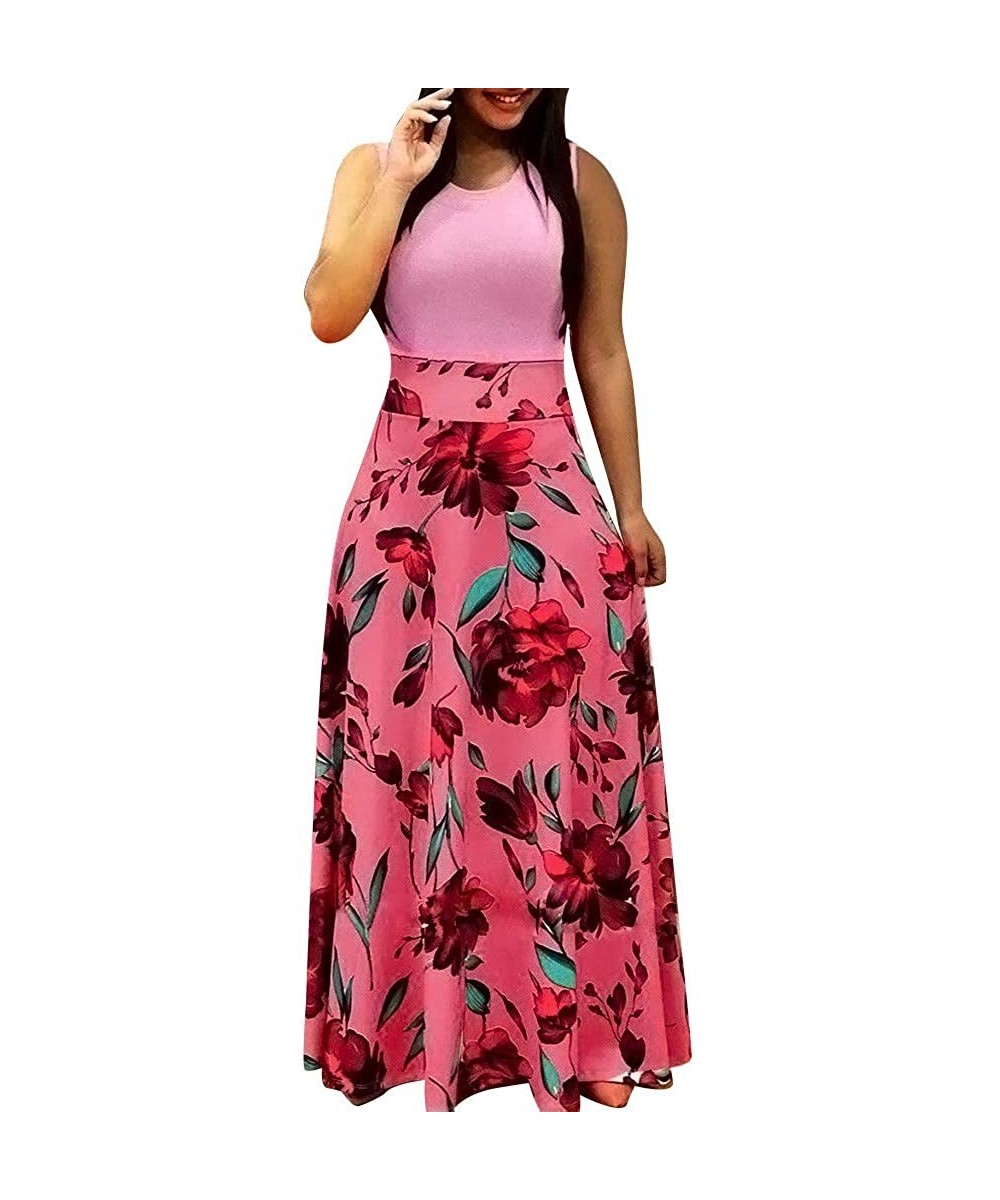 Maxi Dress for Women Chaofanjiancai Bohemian Printed Sleeveless Casual Long Dress Beach Tank Dress with Pockets Pink02 - CR18...