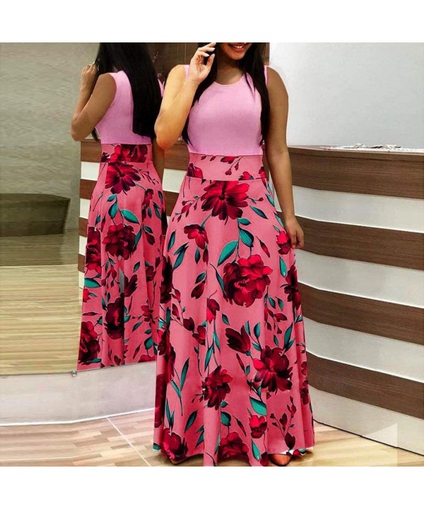 Maxi Dress for Women Chaofanjiancai Bohemian Printed Sleeveless Casual Long Dress Beach Tank Dress with Pockets Pink02 - CR18...