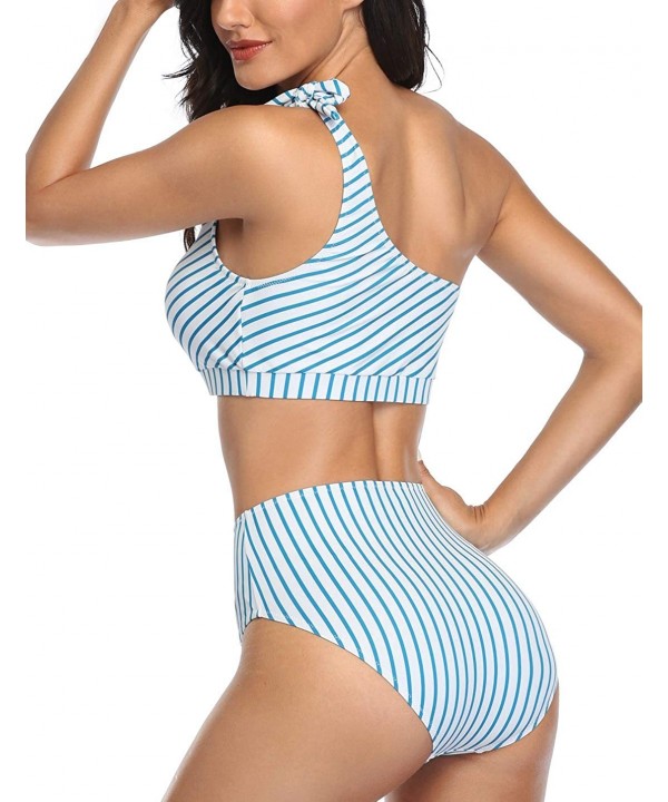 Women Two Piece Bikini Sets High Waisted Swimsuit Ruffle One Shoulder Beachwear - Blue Stripe - CJ1966HXZWY $27.40-Sets