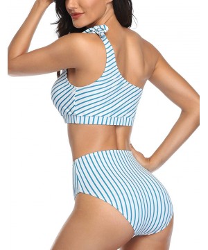 Women Two Piece Bikini Sets High Waisted Swimsuit Ruffle One Shoulder Beachwear - Blue Stripe - CJ1966HXZWY $27.40-Sets