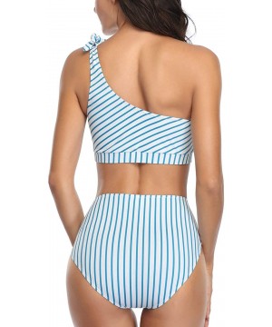 Women Two Piece Bikini Sets High Waisted Swimsuit Ruffle One Shoulder Beachwear - Blue Stripe - CJ1966HXZWY $27.40-Sets