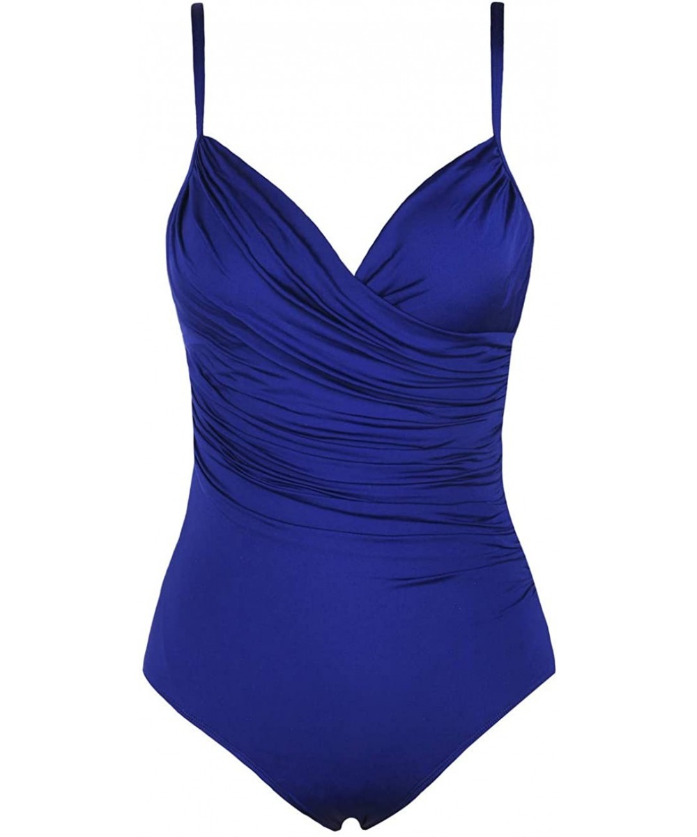 Women's One Piece Swimsuit Draped Surplice Swimwear Tummy Control Bathing Suit - Royal Blue - CV18U4L4D7T $27.58-One-Pieces