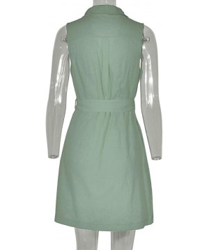 Women's Dresses-Short Sleeve V Neck Button T Shirt Midi Skater Dress with Pockets Waist Belt - Green - C618RROS5TG $15.24-Ras...