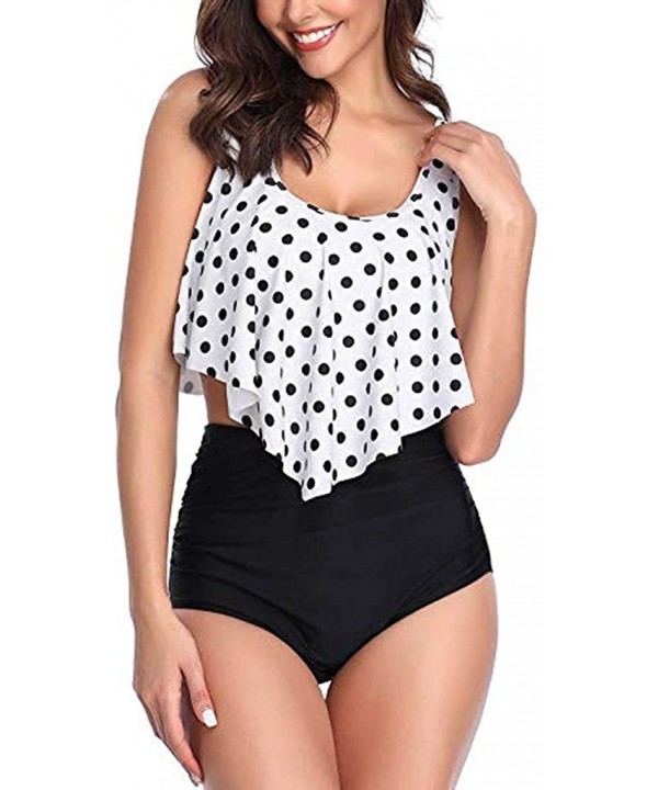 Women Two Pieces Polka Dot Printing Bathing Suits Top Ruffled with High Waisted Bottom Bikini Set - White - C118QGY2MZR $15.3...