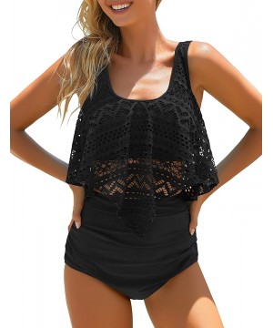 Women's Two Pieces Crochet Lace High Waist V Neck Bikini Set Swimsuit - D Black Bikini Set - C6195ZASE45 $31.70-Sets